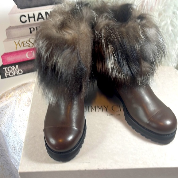 NIB $1495 Jimmy Choo dana cuffed boots rabbit fur trim brown - Picture 4 of 16